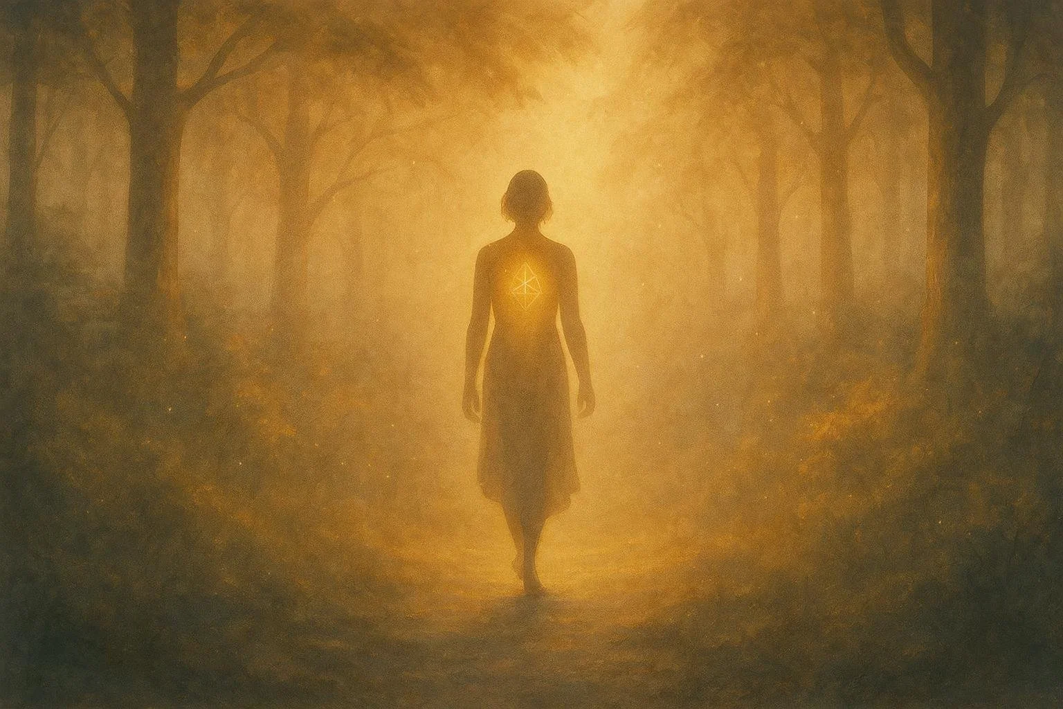 Woman walking through golden forest mist — transformational guidance
